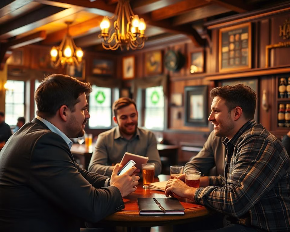 Business discussion in an Irish pub during entrepreneurial journey in Ireland