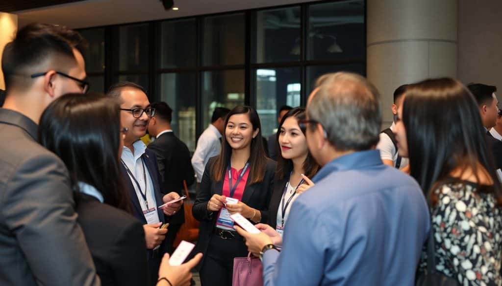 Business networking event in Singapore with diverse entrepreneurs, representing opportunities for foreigners exploring top 70 small business ideas in Singapore