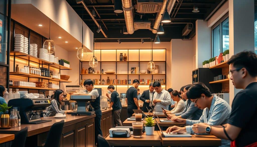 Busy specialty coffee shop in Singapore, representing F&B opportunities among top 70 small business ideas in Singapore for foreigners