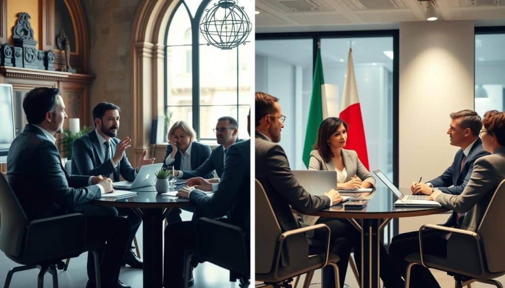 Cultural business meeting comparison between Italian and French entrepreneurs