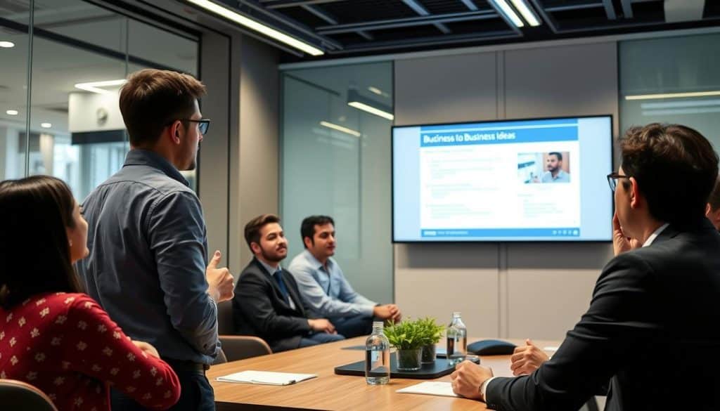 Entrepreneur pitching to investors in Singapore, representing funding opportunities for top 70 small business ideas in Singapore for foreigners