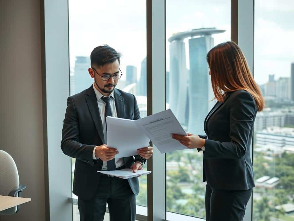 Foreign entrepreneur meeting with Singaporean business consultant discussing top 70 small business ideas in Singapore for foreigners