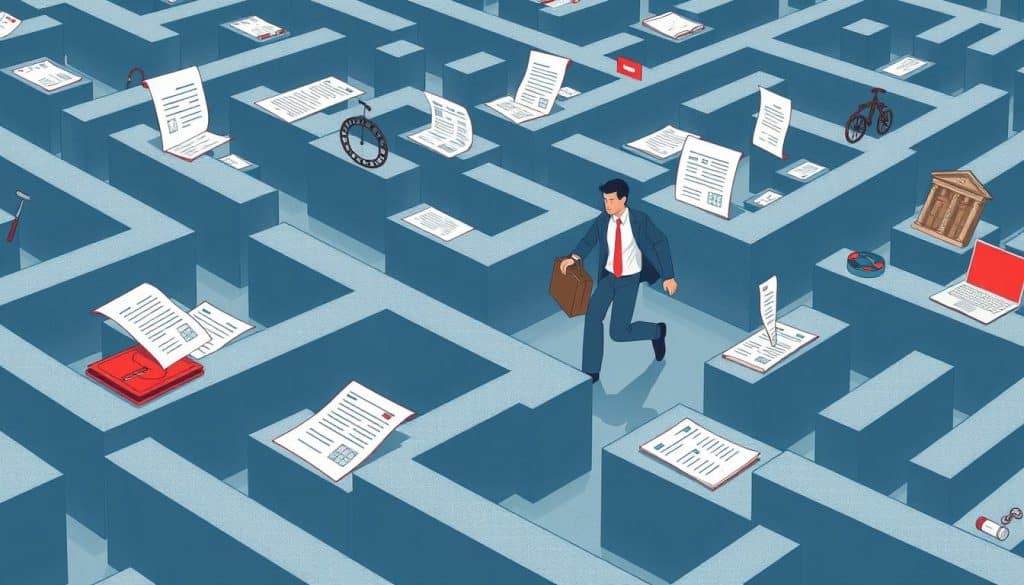 French business challenges illustration showing labor regulations and administrative complexity