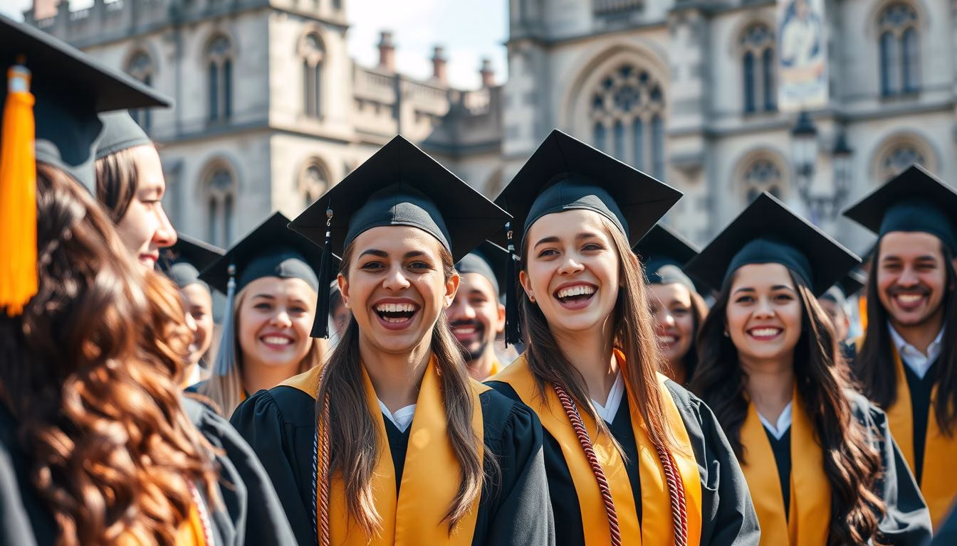 Irish graduates celebrating at a university graduation ceremony, showcasing Ireland's skilled and educated workforce