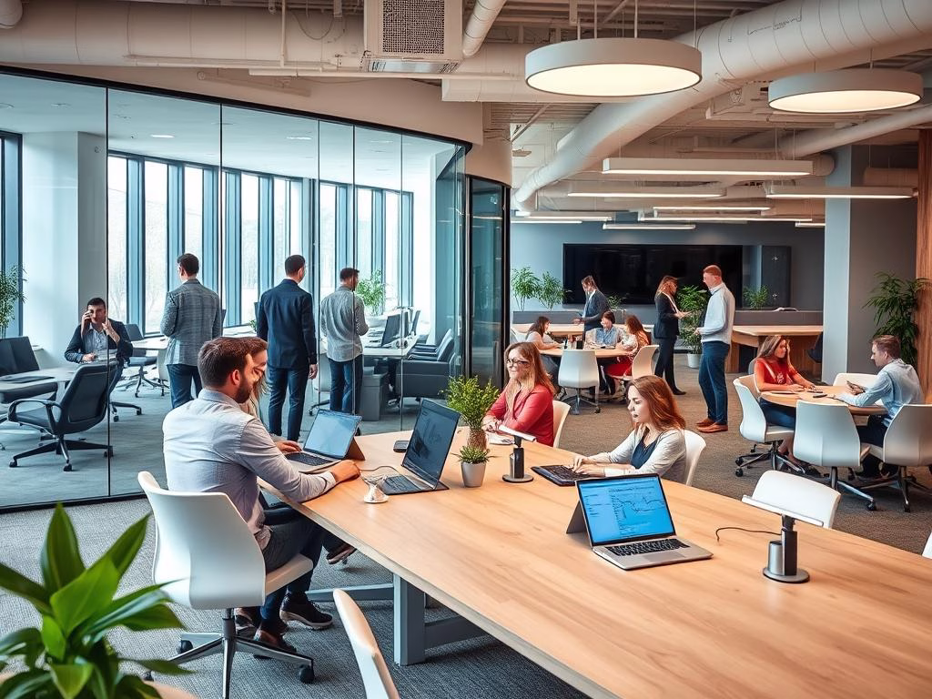 Modern fintech office space in Dublin with professionals collaborating