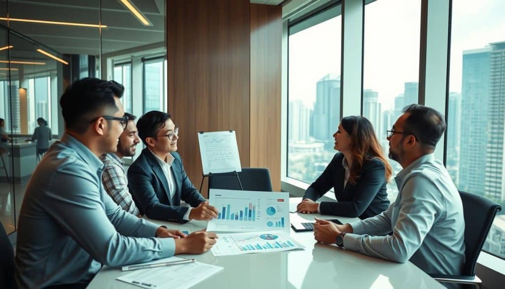 Professional business consultants meeting with clients in Singapore, representing service businesses among top 70 small business ideas in Singapore for foreigners