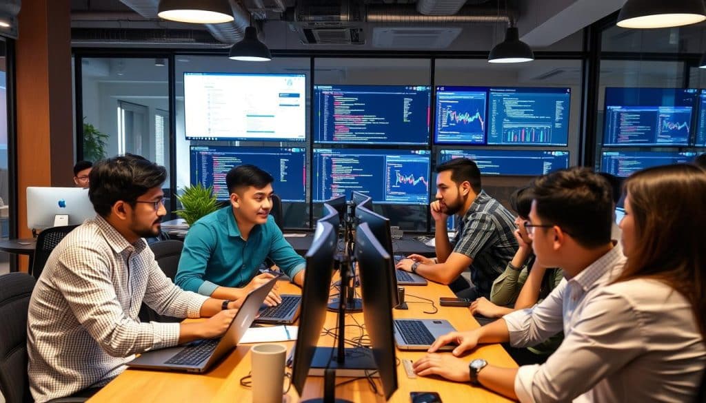 Tech entrepreneurs working on software development, representing digital business ideas among top 70 small business ideas in Singapore for foreigners