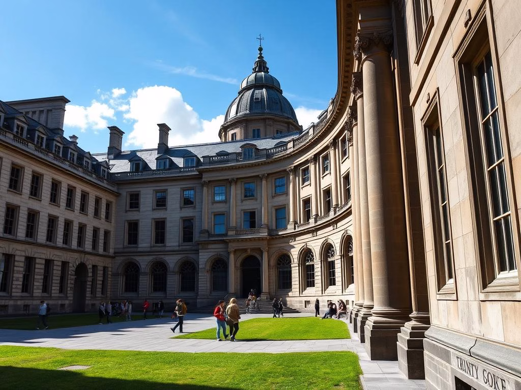 Trinity College Dublin campus with students walking between historic buildings